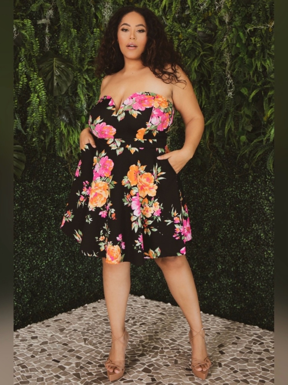 Floral Strapless Fit & Flare Dress — Black with Pink & Orange Blooms